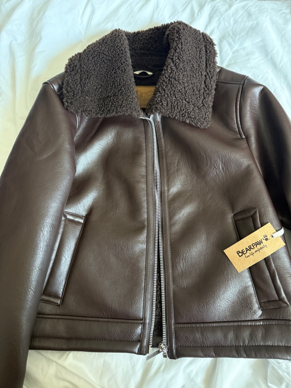 BearPaw women  Chocolate Brown Bomber Jacket with Shearling Collar
